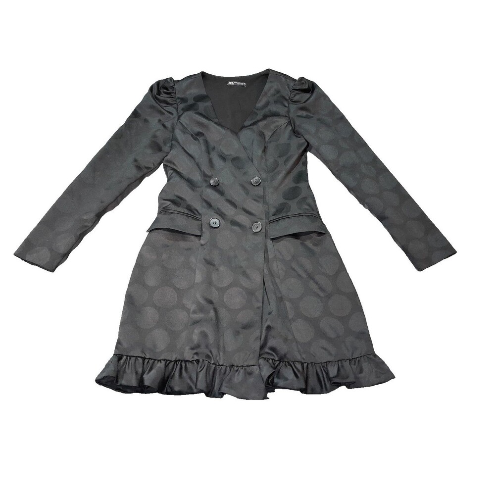 Zara Black Dot Long sleeve  V-neck ruffle hem button front Mini Dress, XS
